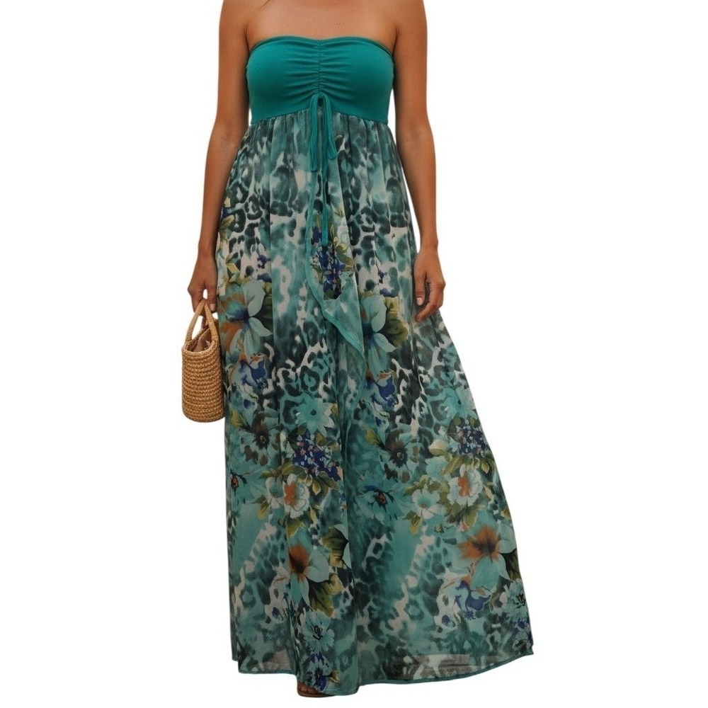 Raviya Womens‎ Teal Floral Leopard Print Strapless Ruched Maxi Dress Large